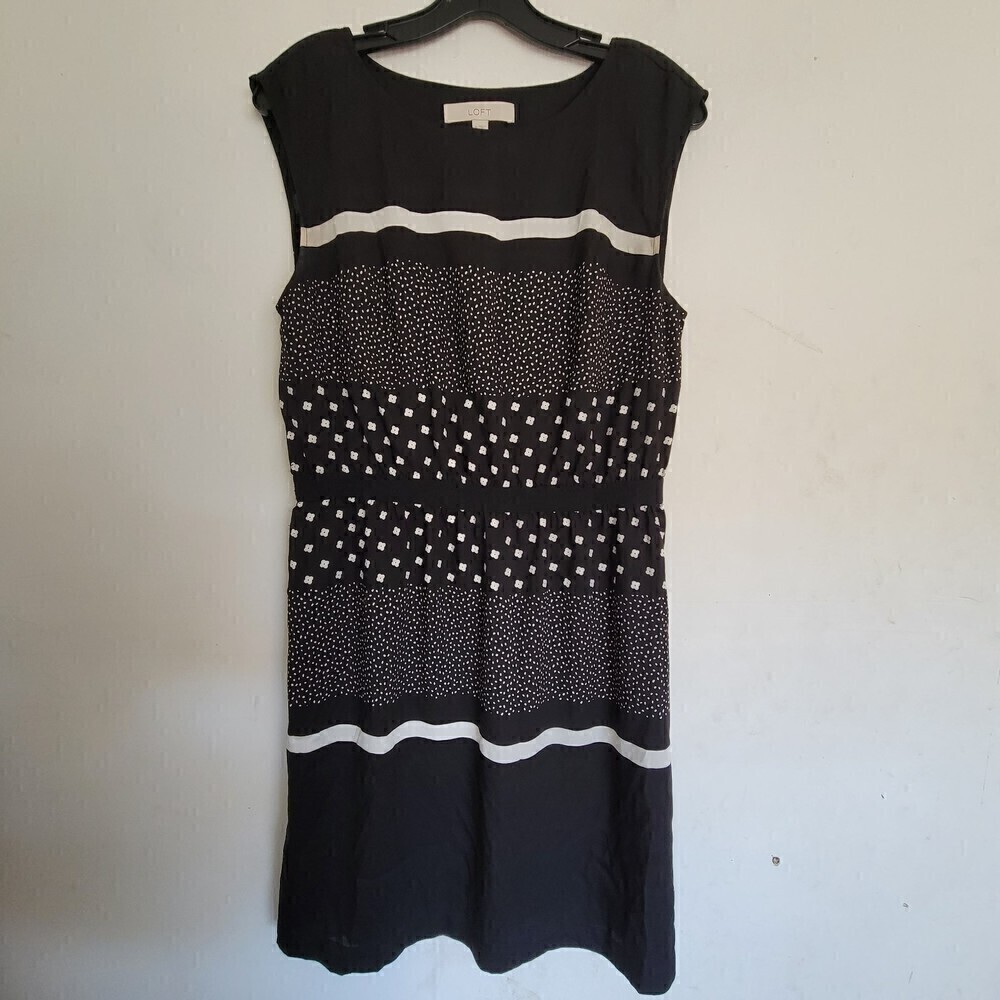 Loft Black White Polka Dot Floral Stripe Sleeveless Sheath Dress Size Medium